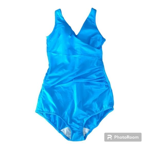 Vintage SeaScamp Faux Wrap Mom Swimsuit 90s Ruched Button Straps - Picture 1 of 6